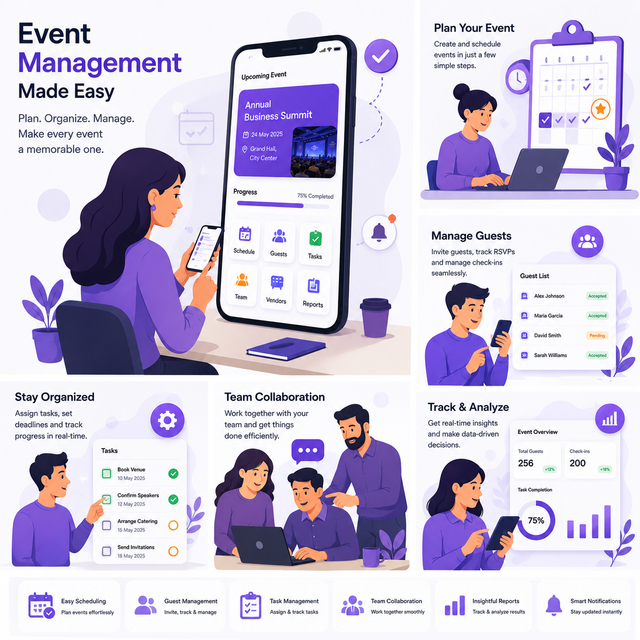 Event Management Mobile App Real-Time Event Scheduling Attendee Tracking Multi-Organizer Features Internet MAC Compatible Stock