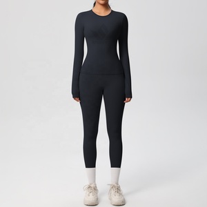Women's Brown 2 Piece Seamless Yoga Set <b>Long</b> Sleeve Crew Neck Top High Waist Full Length Leggings Stretch Activewear - Product Image 6