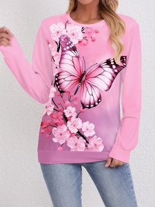 Sudadera TRIBON SPORTS para Mujer, Cuello Redondo, Estampado Floral de Mariposas Rosas, Corte Regular, Manga Larga, Informal, para Primavera, 100% Bambú - Product Image 3