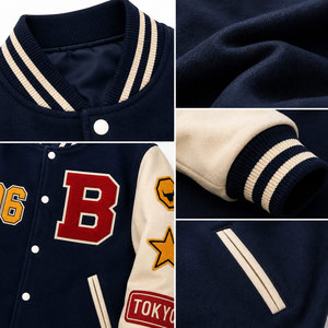 New Arrival Lettermen Jacket <b>Covered</b> <b>Button</b> Style Wool Fabric University Varsity Jacket Applique Regular Fit Turn-down Collar - Product Image 6