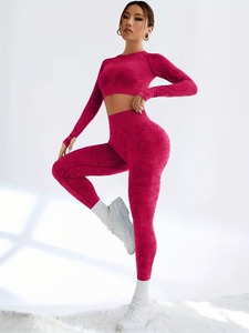 Seamless Two Piece Fitness Outfit Thumbhole Performance Shirt and High Rise Ruched <b>Booty</b> Lifting Compression Workout Tights - Product Image 4