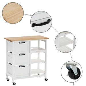 Three Drawers Three Layers 76*37*84cm Storage Cart with Black Handle Rubber Wood Log Color and White Spray Paint Dining Car - Product Image 2