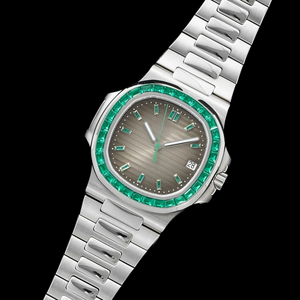 Gorgeous <b>Square</b> Case Green Baguette Cz Diamond Stainless Steel Unique Design Black Dial Custom Trendy Collection <b>Watch</b> - Product Image 2