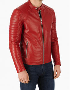 Veste moto en cuir véritable rouge pour homme, coupe ajustée, col montant, fermeture éclair, style automne - Product Image 3