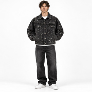 Chaqueta de Mezclilla Negra Lavada para Hombre con Decoración de Remaches, Cuello Camisero, Estilo Casual, para Otoño - Product Image 3