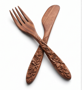 Juego de cubiertos modernos de madera con tallado de rosas, mango con acabado mate, cubiertos reutilizables para vajilla de boda y restaurante. - Product Image 1