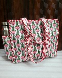 Premium Vendor White Pink Floral Block Printed Cotton Kantha Quilted Storage Tote <b>Bag</b> Women Shoulder Travel Carrying Handbag Pri - Product Image 5