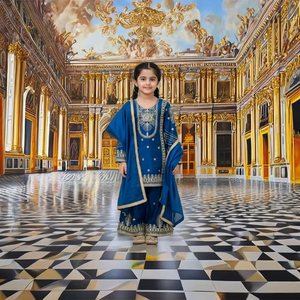 Ensemble Salwar Kameez en soie brodée bleue pour filles, vêtements ethniques pour enfants, costume Sharara, dupatta, tenue de fête, robe indienne pakistanaise - Product Image 1