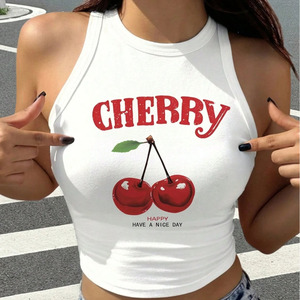 Custom Women <b>Cherry</b> Print Crop Tank <b>Top</b> White Sleeveless Ribbed Summer Casual Fitted Vest <b>Top</b> - Product Image 1
