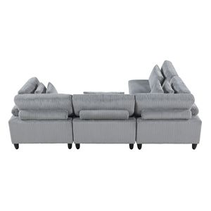 Set di Divani Modulari in Corduroy Grigio con Gambe in Legno Massello, 4 Pezzi, Cuscini Morbidi, Arredamento per Soggiorno - Product Image 5