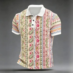 Men's <b>Paisley</b> Print Polo <b>Shirt</b> Short Sleeve Collared Button Up Casual Wear Regular Fit 100% Polyester Woven Fabric - Product Image 4