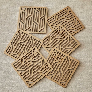 Modern Abstract Laser Cut Solid Wood Coaster Set Handcrafted Heat Resistant Drink <b>Mat</b> Table Protector Coffee Tea Cup Holder - Product Image 5