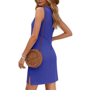 2026 ZPB Euro-American Women's Summer Fashion Polyester O-Neck Sleeveless Split Hem Solid Color Mini <b>Dress</b> Bestseller Wholesale - Product Image 2