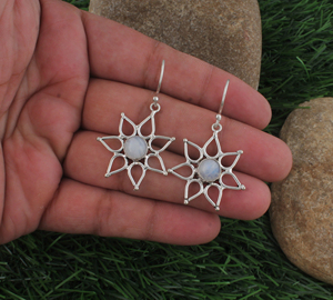 925 Sterling Silver <b>Rainbow</b> Moonstone Luxury Dangle <b>Drop</b> Earrings Handmade Sunburst Flower Gemstone Engagement Gift Jewelry - Product Image 1