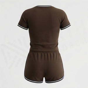 Ensemble de shorts en tricot marron pour femmes, 2 pièces, t-shirt à manches courtes col rond et shorts au-dessus du genou, vêtements de sport décontractés, printemps été - Product Image 2