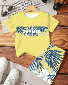 Yellow Tropical Print Jersey Boys Clothing Set Sweatshirt and Shorts Summer Casual Kids Outfit - Product Image 2