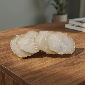 Natural Quartz Stone <b>Coaster</b> Set Handmade Crystal Agate <b>Coasters</b> Gold Edge Decorative <b>Drink</b> <b>Coasters</b> for Home Table Dining Room - Product Image 1