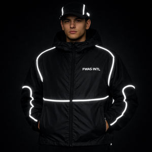 ชุดวอร์มแบบ unisex น้ำหนักเบา ผลิตจากโพลีเอสเตอร์ แต่งแถบสะท้อนแสง ระบายอากาศได้ดี ผ้าแคนวาสลายสก็อต กันน้ำ แจ็คเก็ตกันลมสำหรับผู้ชาย B2B สไตล์อเมริกัน - Product Image 1