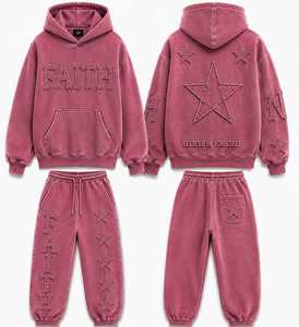 Faith Vintage Embroidery Winter Solid Hip Hop Fleece Hoodie Set Oversized Street Wear Tracksuit Believe <b>Yourself</b> Embroidered - Product Image 5