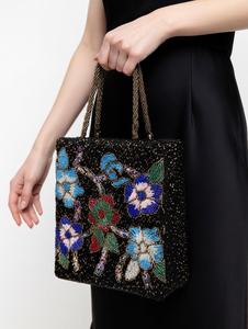 Sac fourre-tout carré à perles avec broderie florale, sac à main en toile noire tendance pour femmes - Product Image 5