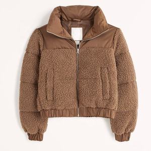 New Design Women <b>Zip</b> <b>Up</b> Teddy Windbreaker Jacket Stand Collar <b>Cropped</b> Cotton Padded Puffer Jacket - Product Image 2