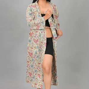 Nuevo Kimono Elegante Hecho a Mano en India, 100% Algodón Tejido, con Estampado Floral Boho, Abertura Lateral y Cintura Ajustable, Tipo Bata - Product Image 2