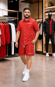 REXFIT SPORTS 2026 Ensemble short et chemise personnalisés pour homme en nylon rouge, chemise à manches courtes boutonnée à motif ton sur ton et short à cordon de serrage - Product Image 6