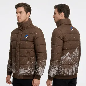 Veste d'hiver pour homme, imprimé montagne enneigée, col montant, fermeture éclair, coupe-vent, matière polyester - Product Image 2