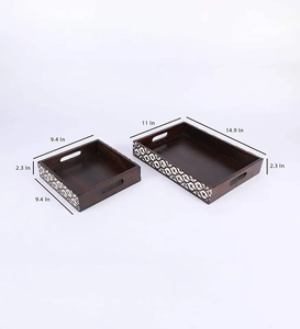 Handcrafted Wooden Serving <b>Tray</b> with Bone Inlay Border Design Decorative Coffee <b>Breakfast</b> <b>Tray</b> with Cutout Handles - Product Image 3