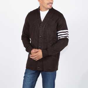 Cárdigan Personalizado para Hombre en Color Marrón Oscuro con Rayas Blancas en las Mangas, Tejido Acrílico, Cuello en V, Suéter Unisex, Estilo Casual - Product Image 2