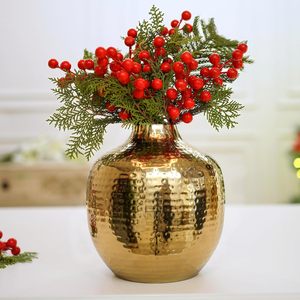 Metal Hammered Bud Round Vase Gold Finish Decorative Flower Vase for Home Decor Indoor Outdoor Living Room Balcony <b>Table</b> - Product Image 1