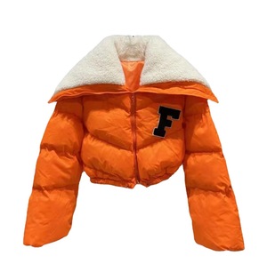 Blouson orange matelassé avec logo F, doublure en sherpa, fermeture éclair, longueur courte, manteau d'hiver décontracté unisexe, manches régulières - Product Image 1