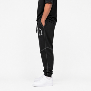 Hip Hop Streetwear Men Baggy Black Sweatpants <b>White</b> Contrast Stitch Panel <b>Joggers</b> with Drawstring - Product Image 2