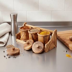 Juego completo de tarros de especias de madera de olivo con estante, contenedor de almacenamiento de condimentos artesanal para cocina, recipiente decorativo para azúcar, sal y pimienta. - Product Image 4