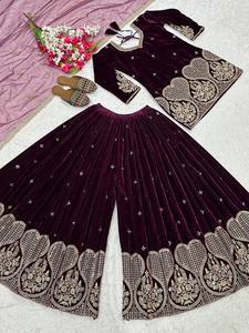 Premium Velvet Sharara Suit Set with Heavy Multi Needle Sequins Embroidery Designer Palazzo and Butterfly <b>Net</b> Dupatta - Product Image 5