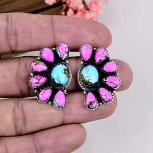 Cotton Candy Turquoise Sterling Silver <b>Stud</b> <b>Earrings</b> <b>Blue</b> Pink Gemstone Boho Jewelry - Product Image 2