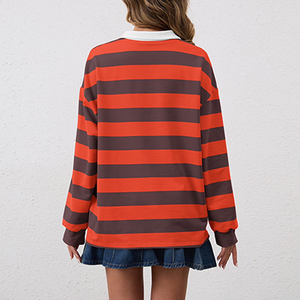 Polo rayé à manches longues pour femme, col oversize, pull décontracté, sweat-shirt ample brodé, style rugby - Product Image 3