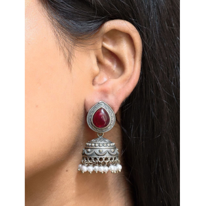 Indian Ethnic Oxidized Silver Plated <b>Red</b> Teardrop Stone Jhumka <b>Earrings</b> with Pearl <b>Drops</b> Traditional Boho Jewelry for Women - Product Image 4