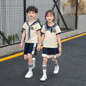 Ensemble uniforme scolaire pour enfants unisexe, chemise à manches courtes, short bleu marine, marque DHL, tissu Oxford polyester/coton, rayures blanches - Product Image 1