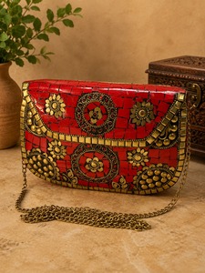 Bolso de Mano Metálico Rojo con Mosaico, Duradero, para Exteriores, con Cadena de Cuentas y Adornos Florales, para Fiestas Nocturnas, para Mujer - Product Image 1