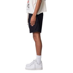 Shorts cargo en toile noire pour hommes, taille élastique, cordon de serrage contrastant, poches à rabat, coupe ample, streetwear d'été, OEM, export en gros - Product Image 4