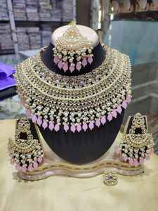 Traditional <b>Indian</b> Gold Plated Zircon Bridal Jewelry <b>Set</b> with Choker Necklace Earrings Maang Tikka & Ring for Weddings Parties - Product Image 4