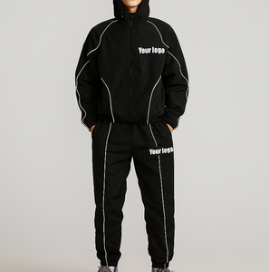 Custom Printed Solid Polyester/Nylon <b>Zip</b>-<b>Up</b> Reflective Sport <b>Jacket</b> Pants Set Breathable Eco-Friendly Windproof Lightweight - Product Image 4