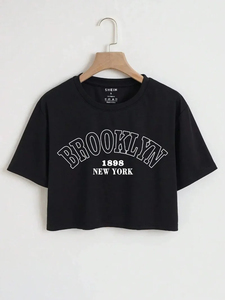 Camiseta Corta con Estampado de Letras para Mujer, Blusa Holgada Deportiva, Top Corto de Manga Corta para Fitness - Product Image 1