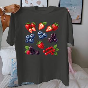 เสื้อยืดผู้หญิงทรงปกติ 100% ผ้าฝ้ายแท้ พิมพ์ลายสตรอเบอร์รี่สีสันสดใส ลำลอง คอกลม แขนสั้น ผ้าถัก - Product Image 4