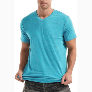 T-shirt basique décontracté pour homme, col en V, couleur cyan turquoise chiné, coupe ajustée, manches courtes, uni - Product Image 5
