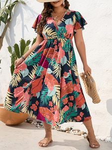Women's Plus Size Boho Hawaiian Tropical Dresses V Neck Short Sleeve Floral A Line Long Dress Vacation Beach Outfits - Product Image 4