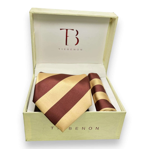 Conjunto de Corbata a Rayas Marrón y Crema de Primera Calidad |   Conjunto de Corbata y Pañuelo de Bolsillo de Poliéster de Diseño para Hombre, para Bodas Formales y Uso Profesional - Product Image 2