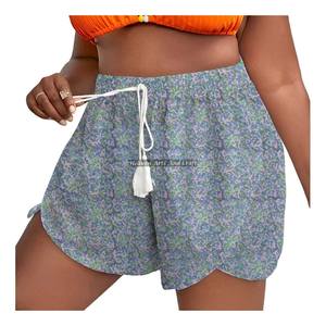 New Women's Summer Loungewear Cotton Block Print Rope Drawstring Waist Wrap Shorts Beach Girls Collection <b>Baby</b> Doll Style Summer - Product Image 1