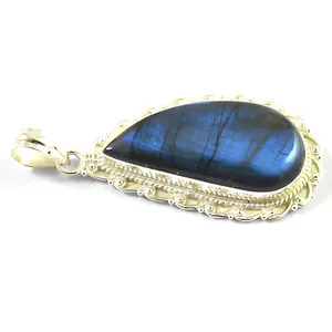 Labradorite 925 Sterling Silver Handmade Pendant Natural Blue Gemstone Jewelry Statement Pendant Bezel Setting - Product Image 2
